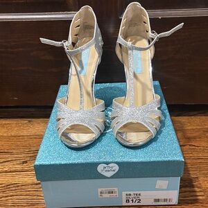 Betsey Johnson Silver Glitter T-Strap Heels